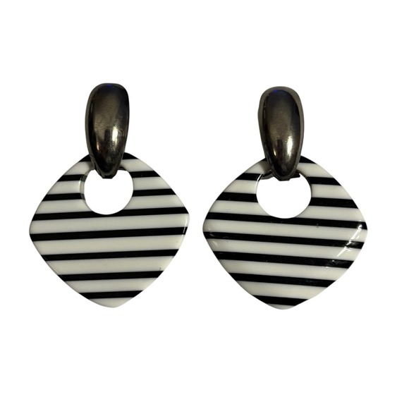 Black And White Striped Dangle Earrings VTG Geometric Drop Acrylic 80s Pierced - Picture 5 of 12